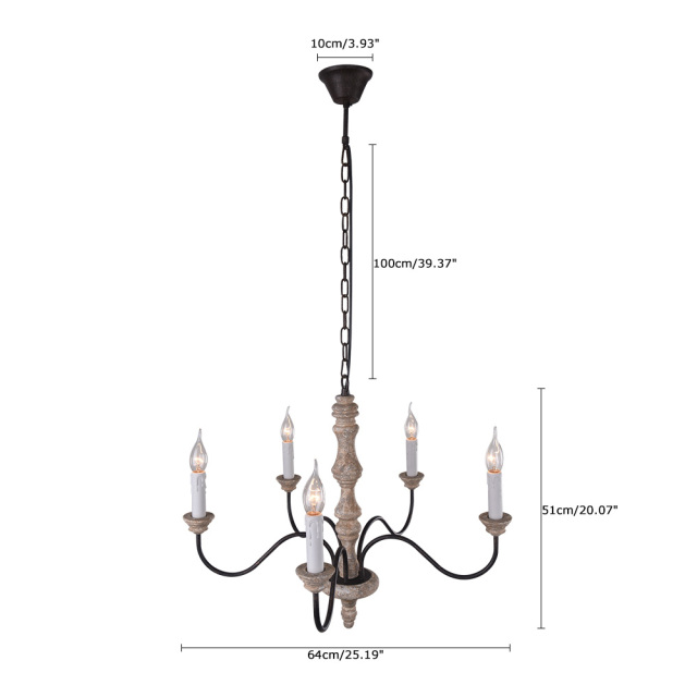 Shabby Chic 5-Light Candle Chandelier with Metal Arms and Distressed Wood For Farmhouse