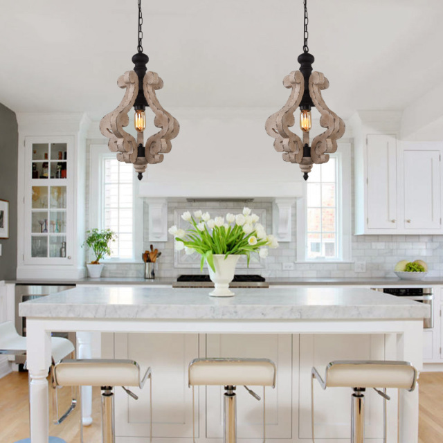 Rustic Vintage Single Light Wooden Pendant Light in Distressing Off-White Finish