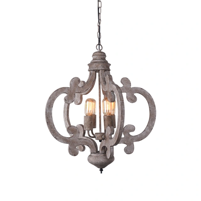 Cottage Vintage 4-Light Chandelier in Distressed Wood and Rusty Steel Finish