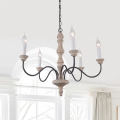 Shabby Chic 5-Light Candle Chandelier with Metal Arms and Distressed Wood For Farmhouse