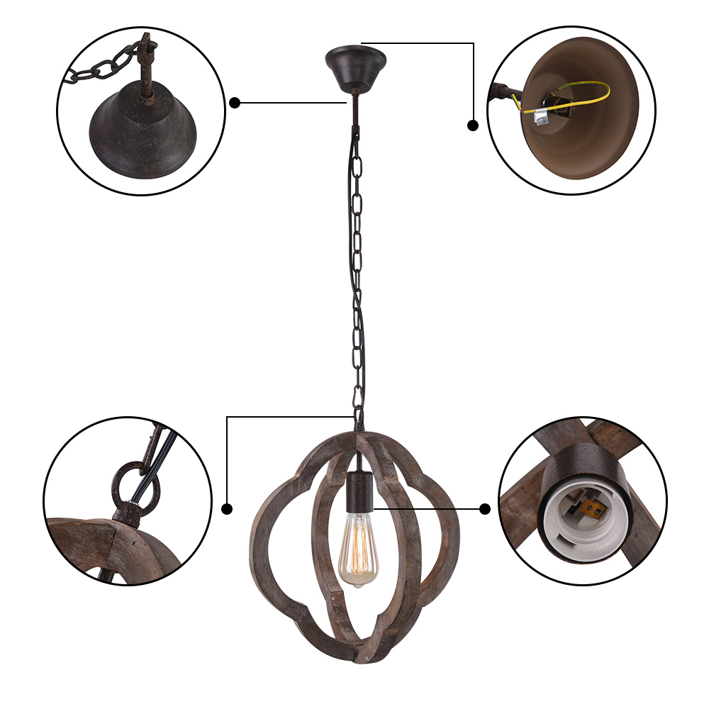 Farmhouse Vintage Wooden 1-Light Hanging Pendant Orb Frame Chandelier for Modern Farmhouse