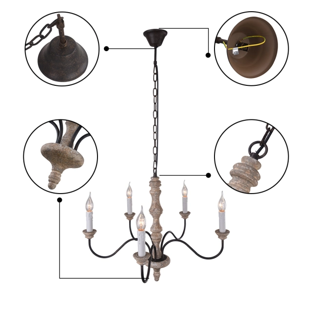 Shabby Chic 5-Light Candle Chandelier with Metal Arms and Distressed Wood For Farmhouse