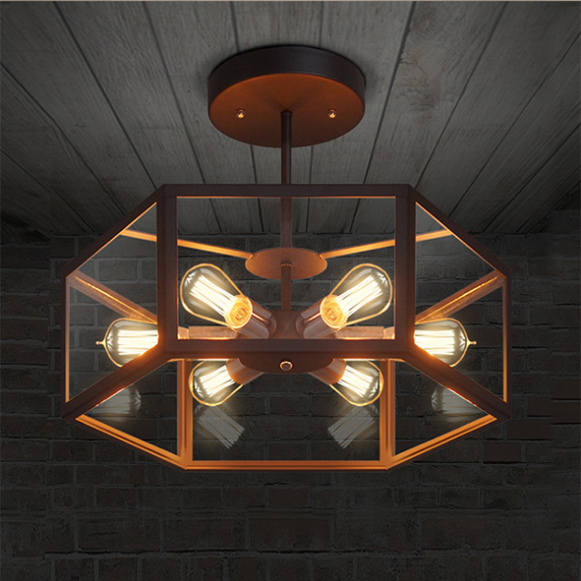 Industrial Iron 6-Light Fan Ceiling Light in Matte Black with Hexagonal Glass Shade for Living Room Dining Room