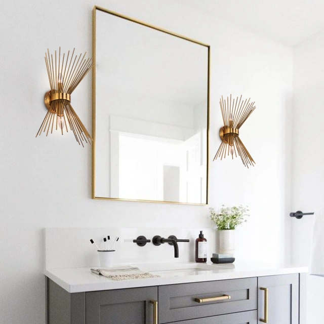 Mid Century Modern Brass 2-Light Sunburst Wall Sconce Up and Down Light for Bedroom Bathroom