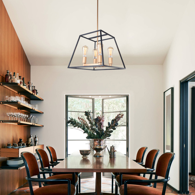 Mid-century Modern Square 4-Light Chandelier in Black and Gold for Entryway/Dining Room/ Kitchen Island