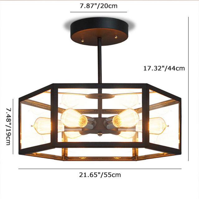Industrial Iron 6-Light Fan Ceiling Light in Matte Black with Hexagonal Glass Shade for Living Room Dining Room