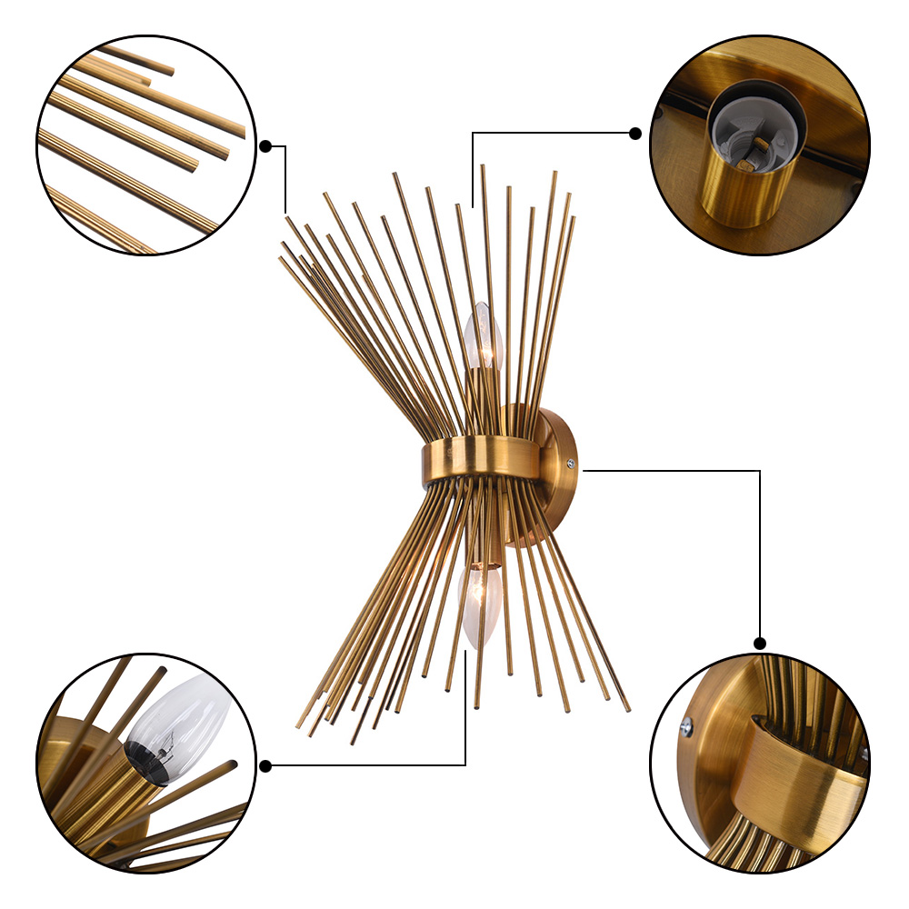 Mid Century Modern Brass 2 Light Sunburst Wall Sconce Up And Down Light For Bedroom Bathroom