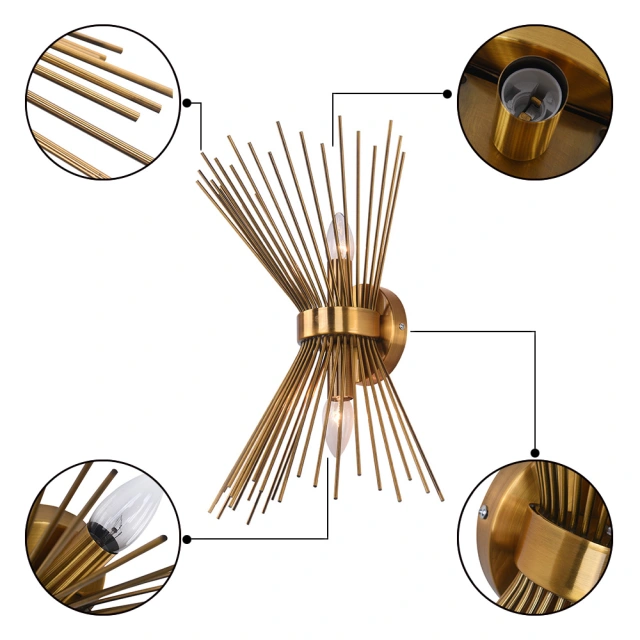 Mid Century Modern Brass 2-Light Sunburst Wall Sconce Up and Down Light for Bedroom Bathroom