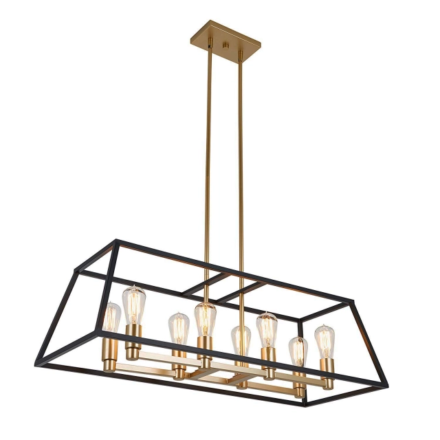 Mid-century Modern Rectangle 8-Light Kitchen Island Chandelier in Black and Gold