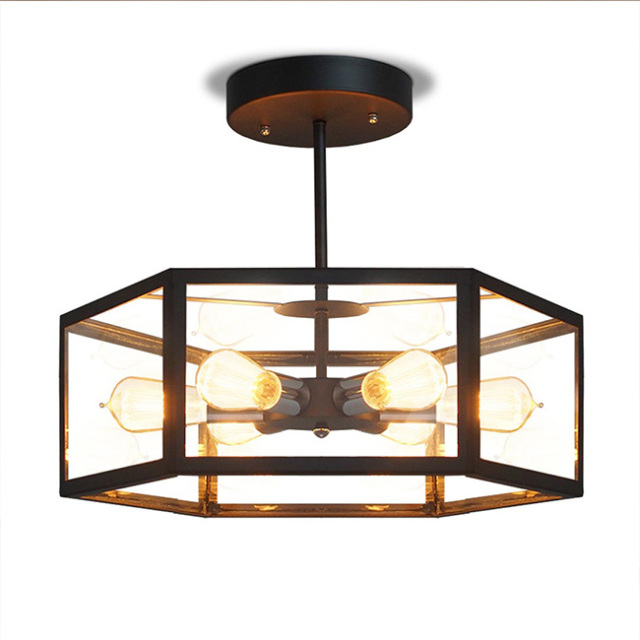 Industrial Iron 6-Light Fan Ceiling Light in Matte Black with Hexagonal Glass Shade for Living Room Dining Room