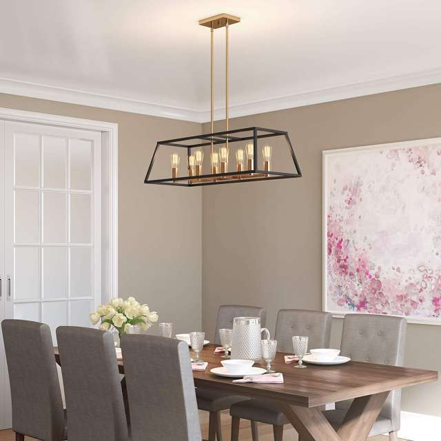 Mid-century Modern Rectangle 8-Light Kitchen Island Chandelier in Black and Gold