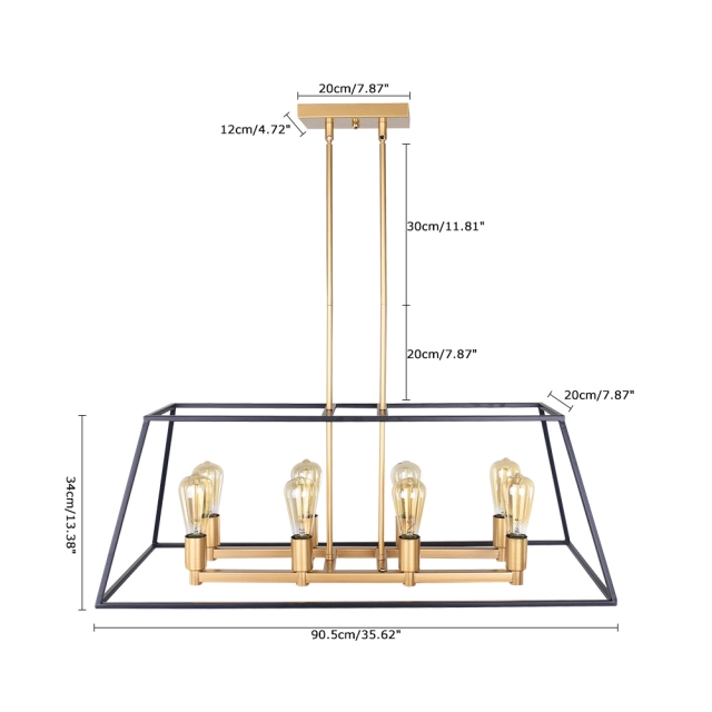 Mid-century Modern Rectangle 8-Light Kitchen Island Chandelier in Black and Gold
