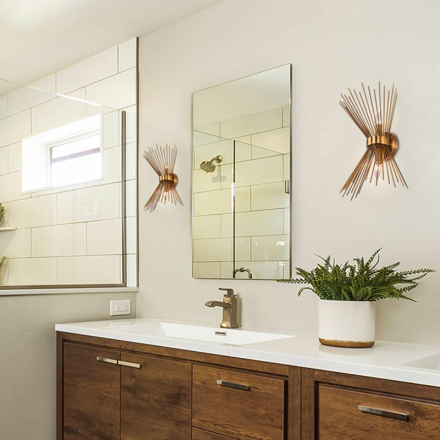 Mid Century Modern Brass 2-Light Sunburst Wall Sconce Up and Down Light for Bedroom Bathroom