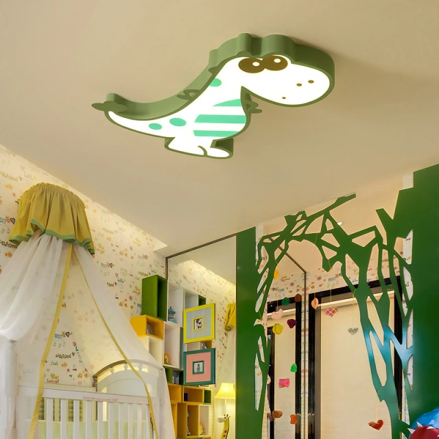 Modern Dimmable LED Green Dinosaur Flush Mount Ceiling Light for Boy's Room