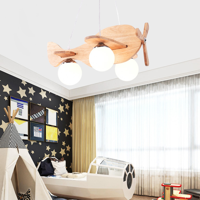 Cool Plane 3-Light Wooden Chandelier for Kid's Room Boy's Room