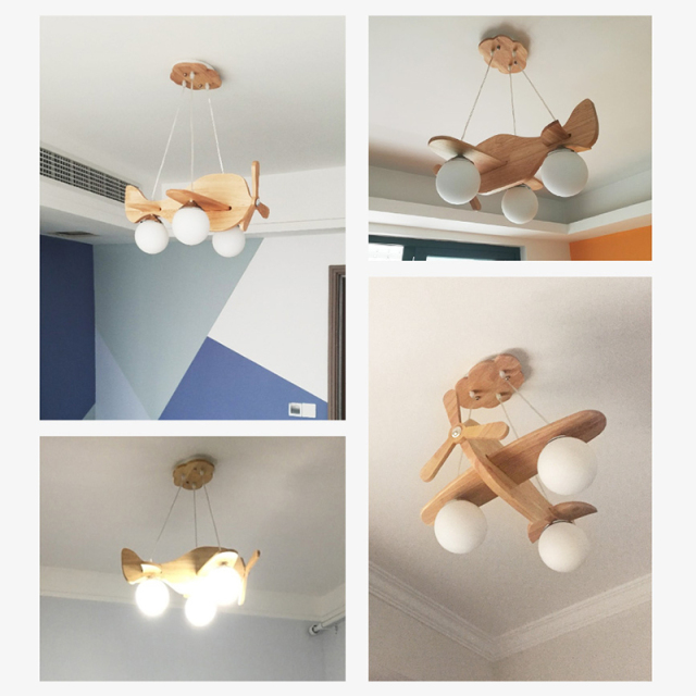 Cool Plane 3-Light Wooden Chandelier for Kid's Room Boy's Room