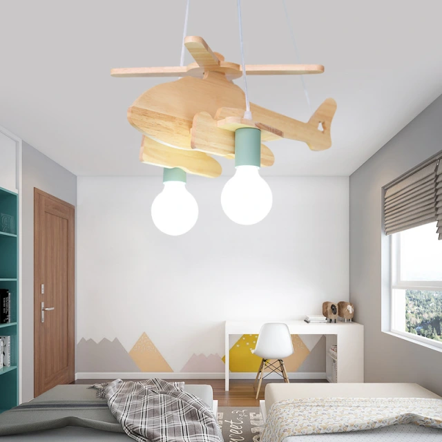 Kid's Room 2-Light Wooden Hanging Plane Chandelier Cool Kid's Room/Play Room Lighting