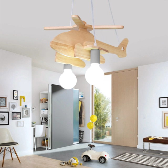 Kid's Room 2-Light Wooden Hanging Plane Chandelier Cool Kid's Room/Play Room Lighting