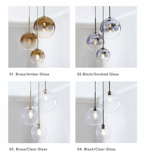 Modern 3-Light Globe Glass Pendant Lamp in Brass with Round Canopy