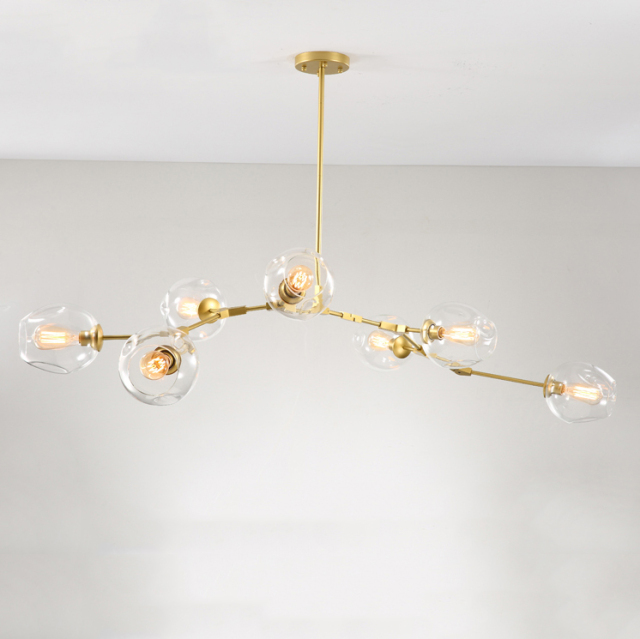 Mid Century Modern 6/7 Light Modo Branching Chandelier with Hand-blown Glass Shade