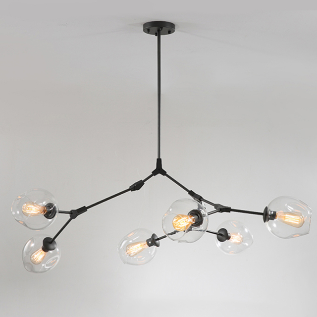 Mid Century Modern 6/7 Light Modo Branching Chandelier with Hand-blown Glass Shade