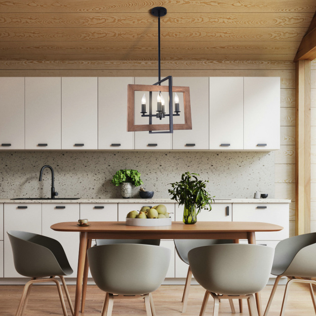 4-Light Square Wood Chandelier, Farmhouse Kitchen Island Lighting Industrial Lighting