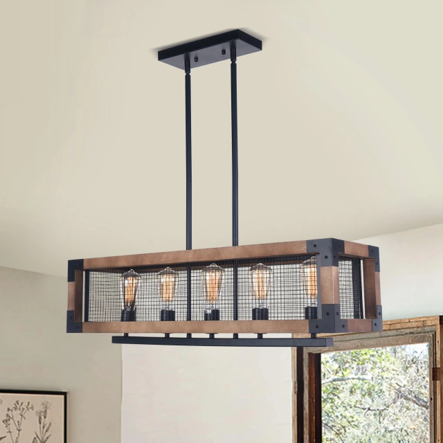 Modern Farmhouse 5-Light Wooden Chandelier Linear Kitchen Island Chandelier Sloped Ceiling Compatible