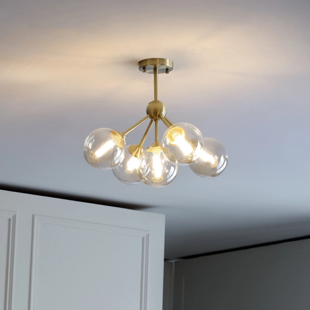 Mid Century Modern 3-Light Brass Ceiling Lamp with Opaline Shade for Bedroom/Living Room Lighting