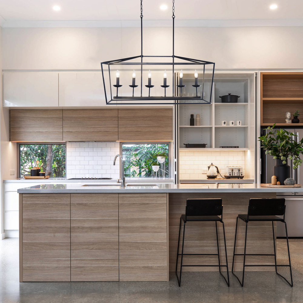 Modern Farmhouse 6 Lights Linear Chandelier in Matte Black, Industrial Chandelier for Kitchen Island Bar