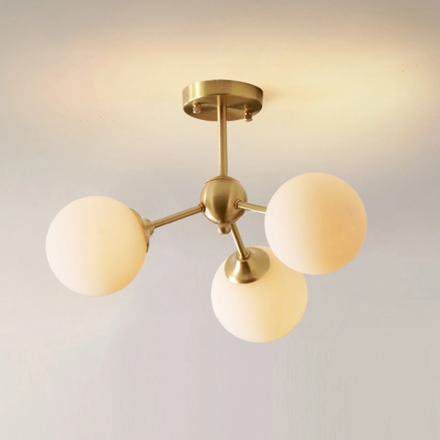 Mid Century Modern 3-Light Brass Ceiling Lamp with Opaline Shade for Bedroom/Living Room Lighting