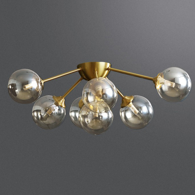 7-Light Brass Sunburst Close to Ceiling Light with Opal Shade in Mid-century Modern Style
