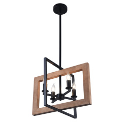 4-Light Square Wood Chandelier, Farmhouse Kitchen Island Lighting Industrial Lighting
