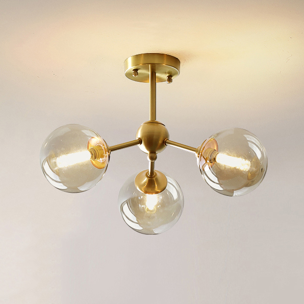Mid Century Modern 3-Light Brass Ceiling Lamp with Opaline Shade for Bedroom/Living Room Lighting