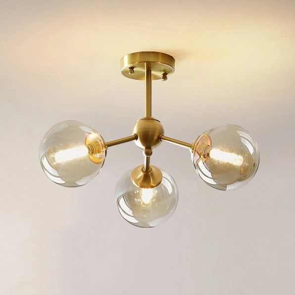 Mid Century Modern 3-Light Brass Ceiling Lamp with Opaline Shade for Bedroom/Living Room Lighting