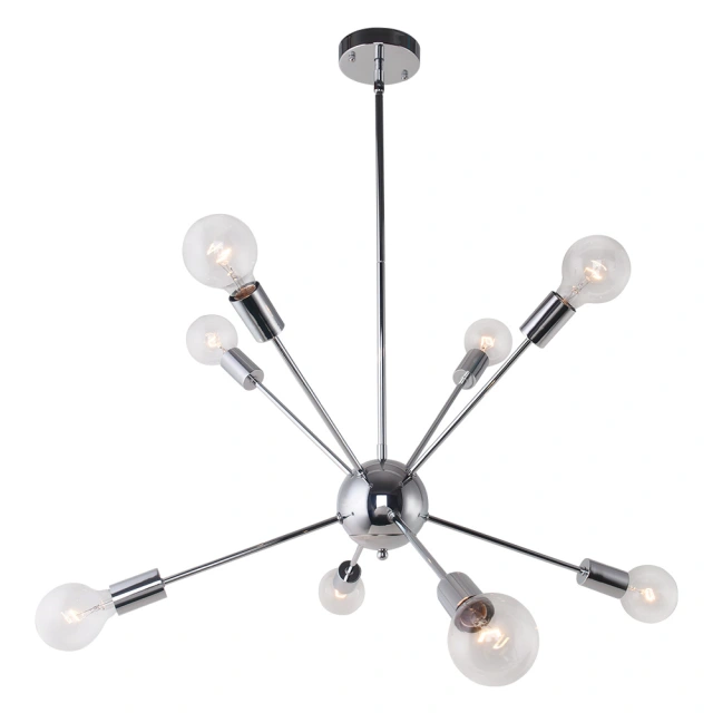 Chrome 8-Light Sputnik Chandelier for Modern Farmhouse Height Adjustable and Sloped Ceiling Compatible