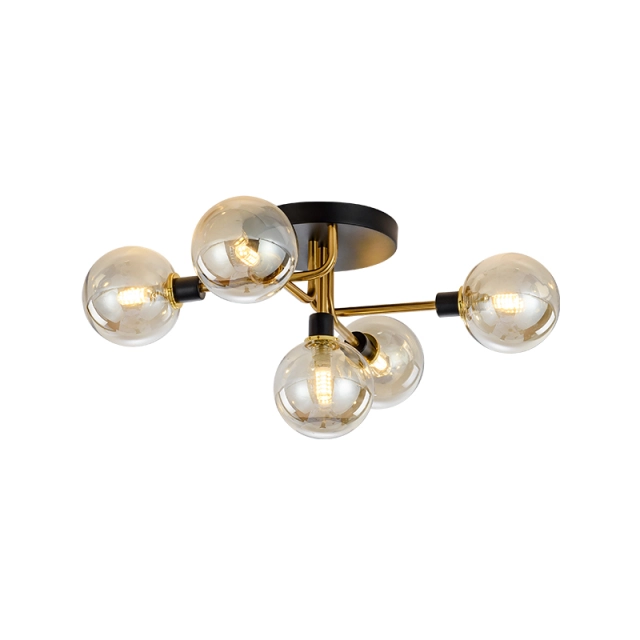 Mid Century Modern 5-Light Globe Glass Semi Flush Ceiling Light in Black/Gold