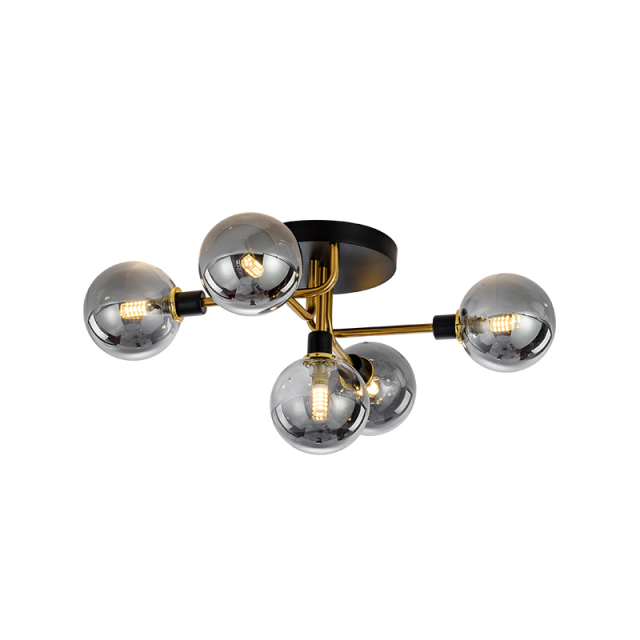 Mid Century Modern 5-Light Globe Glass Semi Flush Ceiling Light in Black/Gold