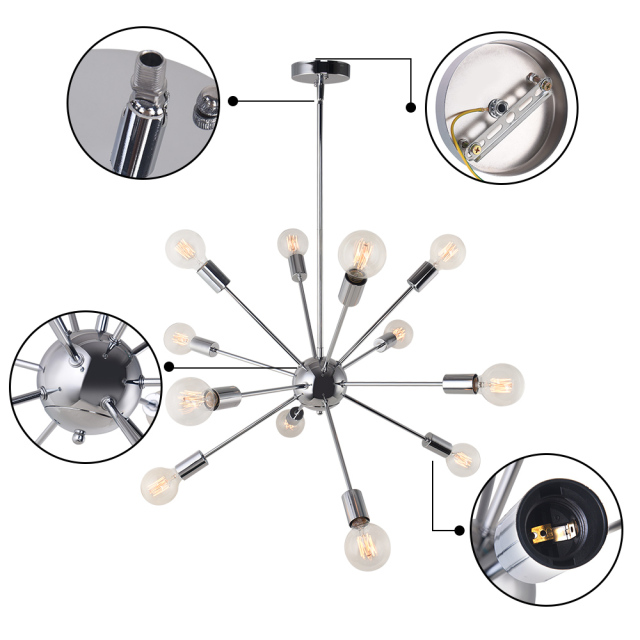 Chrome 8-Light Sputnik Chandelier for Modern Farmhouse Height Adjustable and Sloped Ceiling Compatible