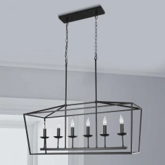 Modern Farmhouse 6 Lights Linear Chandelier in Matte Black, Industrial Chandelier for Kitchen Island Bar