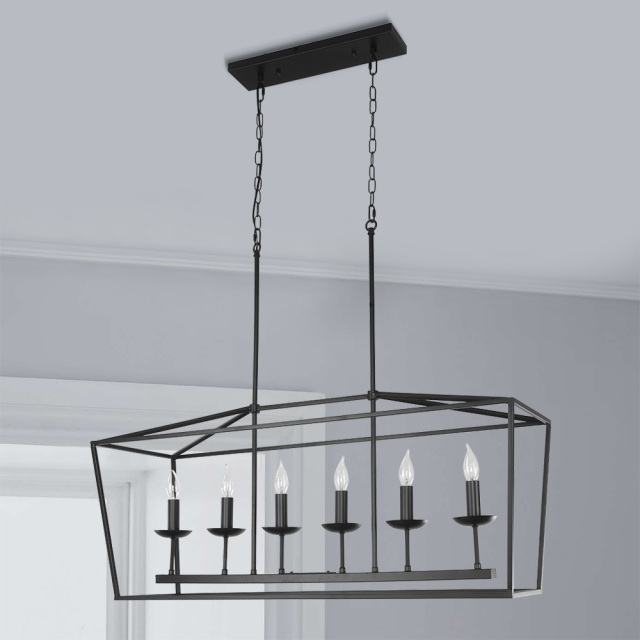 Modern Farmhouse 6 Lights Linear Chandelier in Matte Black, Industrial Chandelier for Kitchen Island Bar