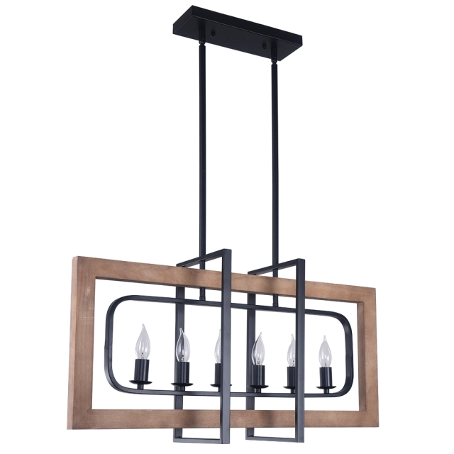 6-Light Retangle Chandelier Wooden Kitchen Island Chandelier for Modern Farmhouse Slanted Ceiling Compatible