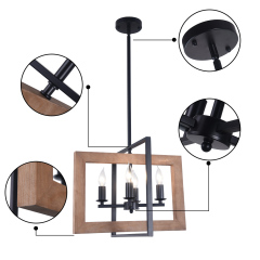 4-Light Square Wood Chandelier, Farmhouse Kitchen Island Lighting Industrial Lighting