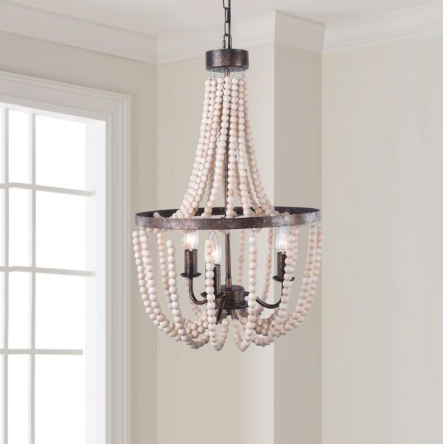 3Light Wood Bead Empire Chandelier in Antique Bronze Modern Farmhouse