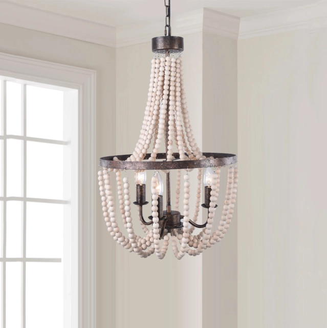 3-Light Wood Bead Empire Chandelier in Antique Bronze Modern Farmhouse Lighting