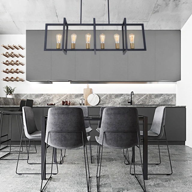 Modern Linear 6 Light Rectangle Chandelier in Black and Brass for Kitchen Island Lighting Sloped Ceiling Compatible