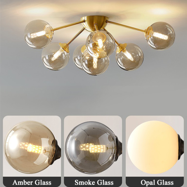 7-Light Brass Sunburst Close to Ceiling Light with Opal Shade in Mid-century Modern Style