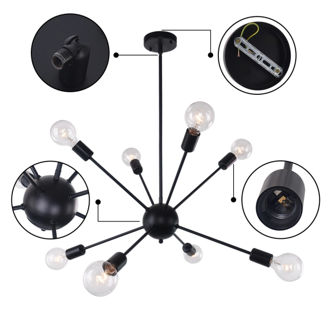 Black 8-Light Sputnik Chandelier Height Adjustable and Sloped Ceiling Compatible for Modern Farmhouse