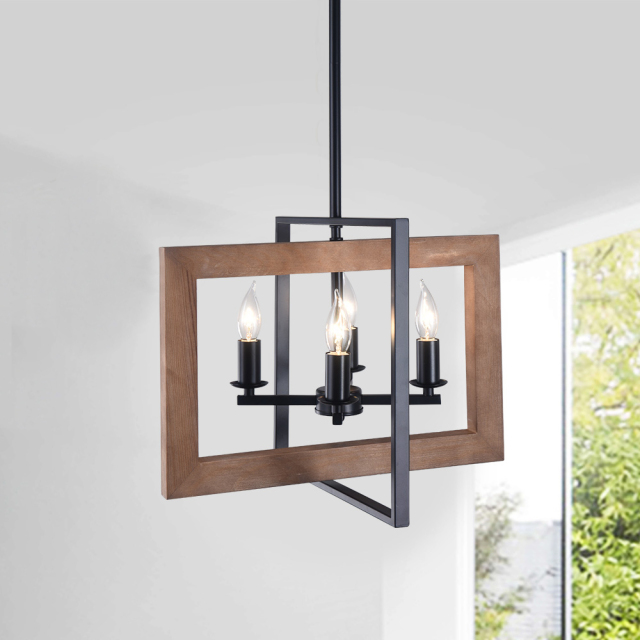 4-Light Square Wood Chandelier, Farmhouse Kitchen Island Lighting Industrial Lighting