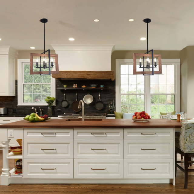 4-Light Square Wood Chandelier, Farmhouse Kitchen Island Lighting Industrial Lighting