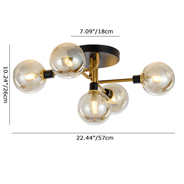 Mid Century Modern 5-Light Globe Glass Semi Flush Ceiling Light in Black/Gold